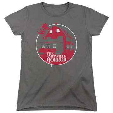 Charcoal women's t-shirt with Amityville Horror Red House graphic