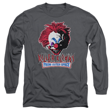 Charcoal men's long sleeve t-shirt with Killer Klowns From Outer Space Rough Clown graphic