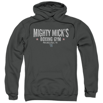 Charcoal pullover hoodie with Rocky Mighty Micks Boxing Gym graphic
