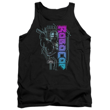 Black men's tank with Robocop Robo Neon graphic