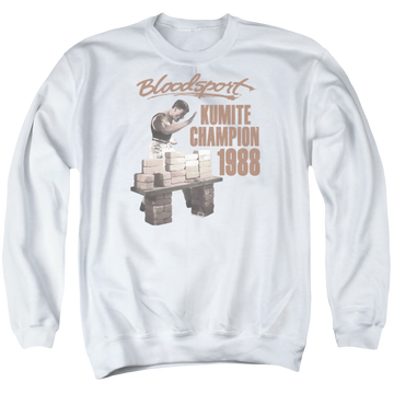 White men's crewneck sweatshirt with Bloodsport Dux Smash graphic