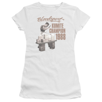 White juniors t-shirt with Bloodsport Dux Smash graphic