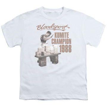White youth t-shirt for ages 8 to 12 with Bloodsport Dux Smash graphic