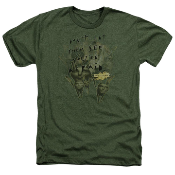 Military green men's heather t-shirt with Mirrormask Dont Let Them graphic