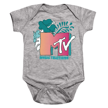 Athletic heather baby bodysuit with MTV Tropical Flower Logo graphic