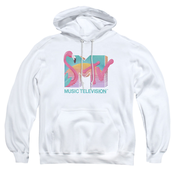 White pullover hoodie with MTV Flamingo Logo graphic