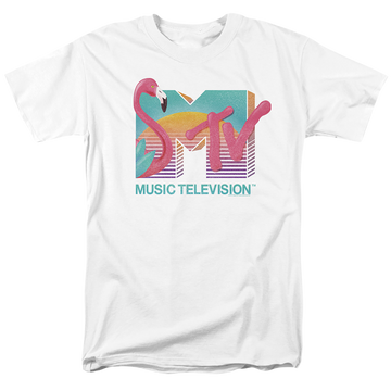 White men's regular fit t-shirt with MTV Flamingo Logo graphic