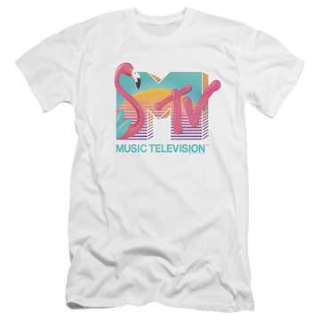White men's premium slim fit t-shirt with MTV Flamingo Logo graphic