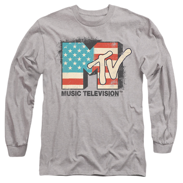 Athletic heather men's long sleeve t-shirt with MTV American Logo graphic