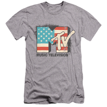 Athletic heather men's premium slim fit t-shirt with MTV American Logo graphic