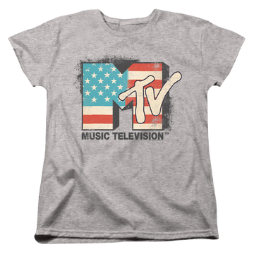 Athletic heather women's t-shirt with MTV American Logo graphic