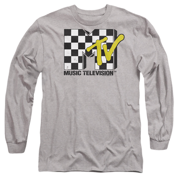 Athletic heather men's long sleeve t-shirt with MTV Checker Board Logo graphic