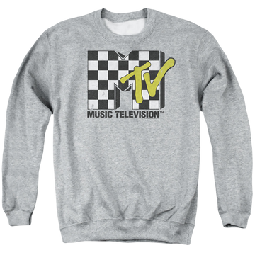 Athletic heather men's crewneck sweatshirt with MTV Checker Board Logo graphic