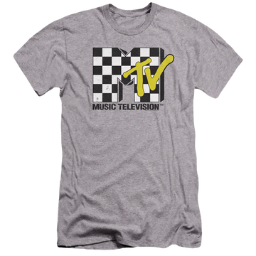 Athletic heather men's premium slim fit t-shirt with MTV Checker Board Logo graphic