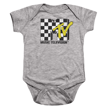 Athletic heather baby bodysuit with MTV Checker Board Logo graphic