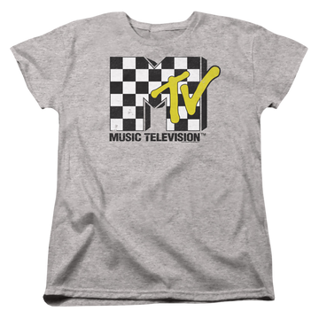 Athletic heather women's t-shirt with MTV Checker Board Logo graphic