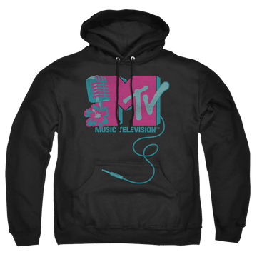 Black pullover hoodie with MTV Microphone Logo graphic
