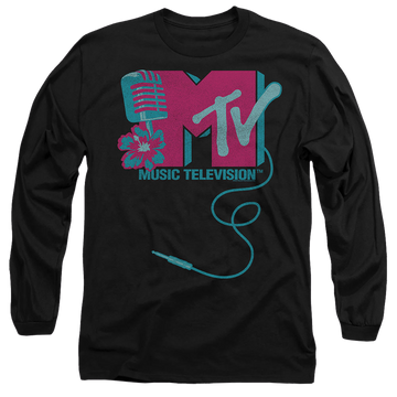 Black men's long sleeve t-shirt with MTV Microphone Logo graphic