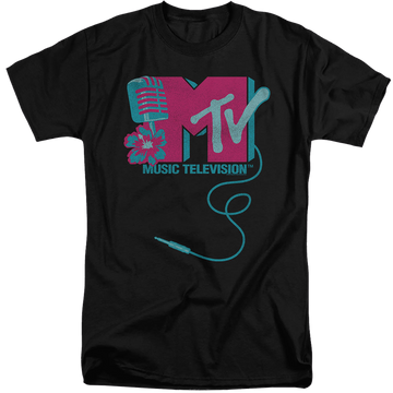 Black men's tall fit t-shirt with MTV Microphone Logo graphic