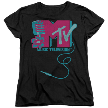 Black women's t-shirt with MTV Microphone Logo graphic
