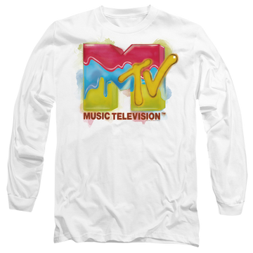 White men's long sleeve t-shirt with MTV Paint Logo graphic