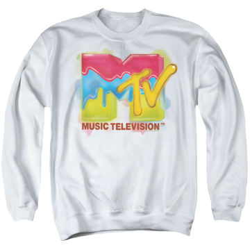 White men's crewneck sweatshirt with MTV Paint Logo graphic