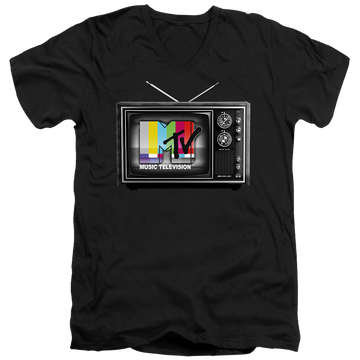 Black men's v-neck t-shirt with MTV Tv graphic