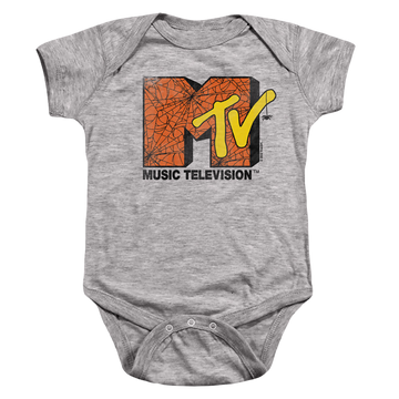 Athletic heather baby bodysuit with MTV Spider Webs Logo graphic