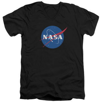 Black men's v-neck t-shirt with NASA Meatball Logo graphic
