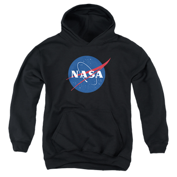 Black youth hoodie for ages 8 to 12 with NASA Meatball Logo graphic