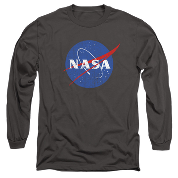 Charcoal men's long sleeve t-shirt with NASA Meatball Logo Distressed graphic