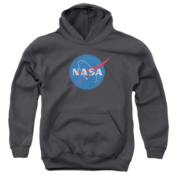 Charcoal youth hoodie for ages 8 to 12 with NASA Meatball Logo Distressed graphic