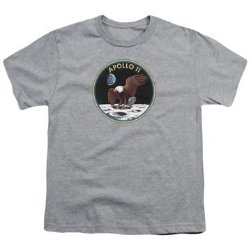 Athletic heather youth t-shirt for ages 8 to 12 with NASA Apollo 11 graphic