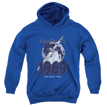 Royal youth hoodie for ages 8 to 12 with NASA One Giant Leap graphic