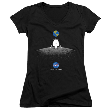 Black juniors v-neck t-shirt with NASA Moon Landing Simple graphic