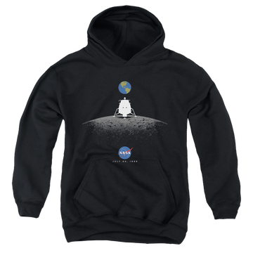 Black youth hoodie for ages 8 to 12 with NASA Moon Landing Simple graphic