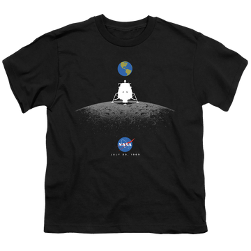 Black youth t-shirt for ages 8 to 12 with NASA Moon Landing Simple graphic