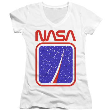 White juniors v-neck t-shirt with NASA To The Stars graphic