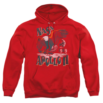 Red pullover hoodie with NASA Apollo 11 graphic