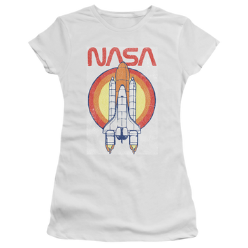 White juniors t-shirt with NASA Shuttle Circle graphic