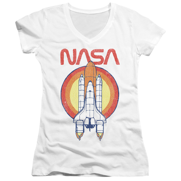 White juniors v-neck t-shirt with NASA Shuttle Circle graphic