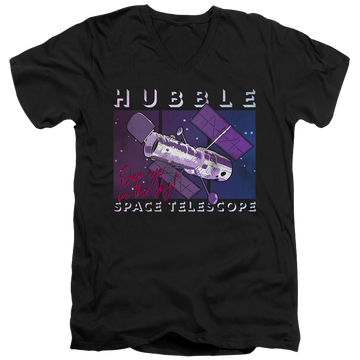 Black men's v-neck t-shirt with NASA Eye In The Sky graphic