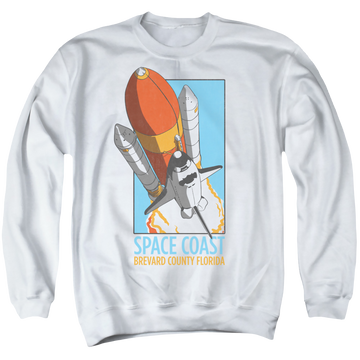 White men's crewneck sweatshirt with NASA Space Coast graphic