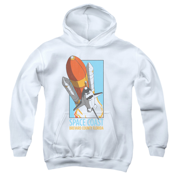 White youth hoodie for ages 8 to 12 with NASA Space Coast graphic