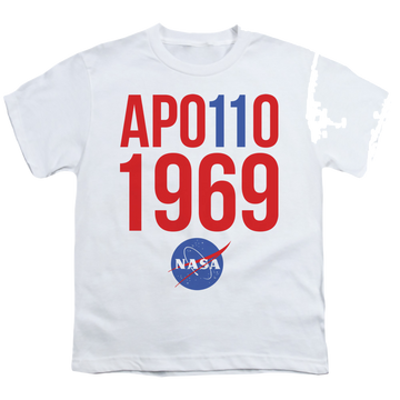 White youth t-shirt for ages 8 to 12 with NASA 1969 graphic