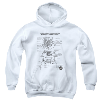 White youth hoodie for ages 8 to 12 with NASA Lunar Module Digram graphic