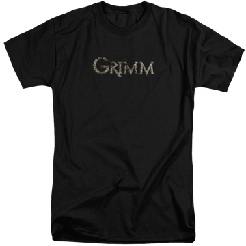 Black men's tall fit t-shirt with Grimm Logo graphic