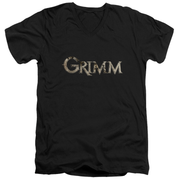Black men's v-neck t-shirt with Grimm Logo graphic