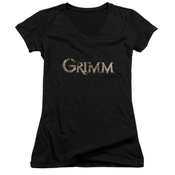 Black juniors v-neck t-shirt with Grimm Logo graphic