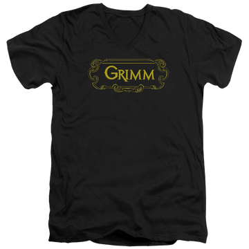 Black men's v-neck t-shirt with Grimm Plaque Logo graphic